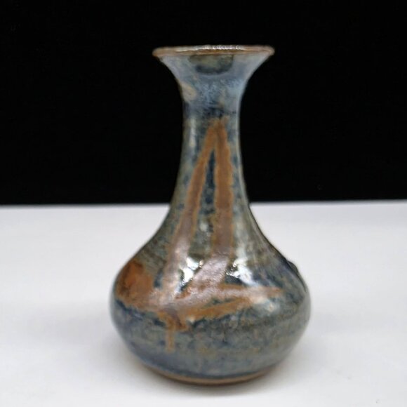 Handcrafted Ceramic Vase Rustic Blue & Brown Glaze Finish Signed Studio Pottery - Picture 4 of 8